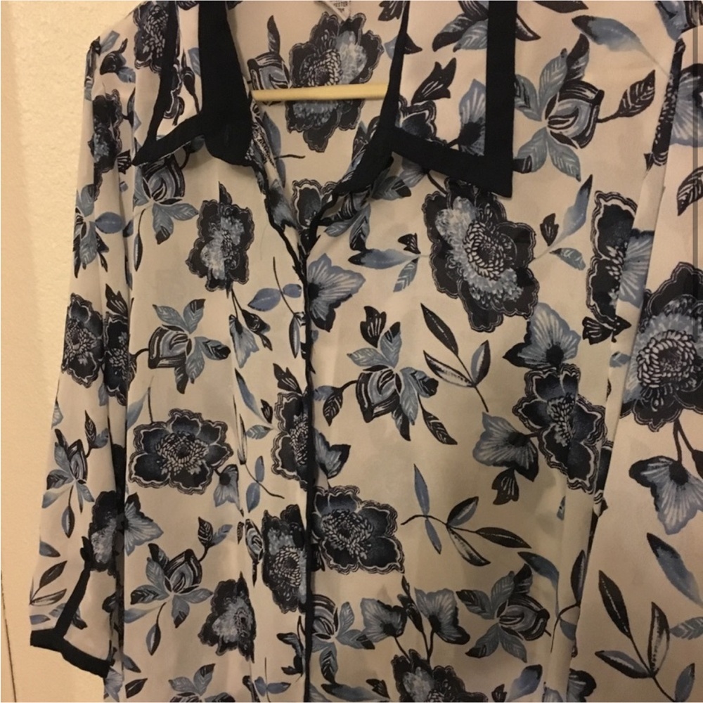 Graff Petite XL Floral Button Front Blouse | Navy Blue Sheer Career Top - Picture 3 of 4